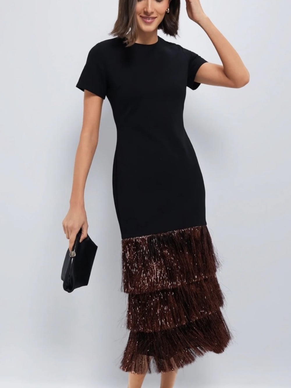 Hyacinth House Elegant Black Dress with bronze metallic fringe hem